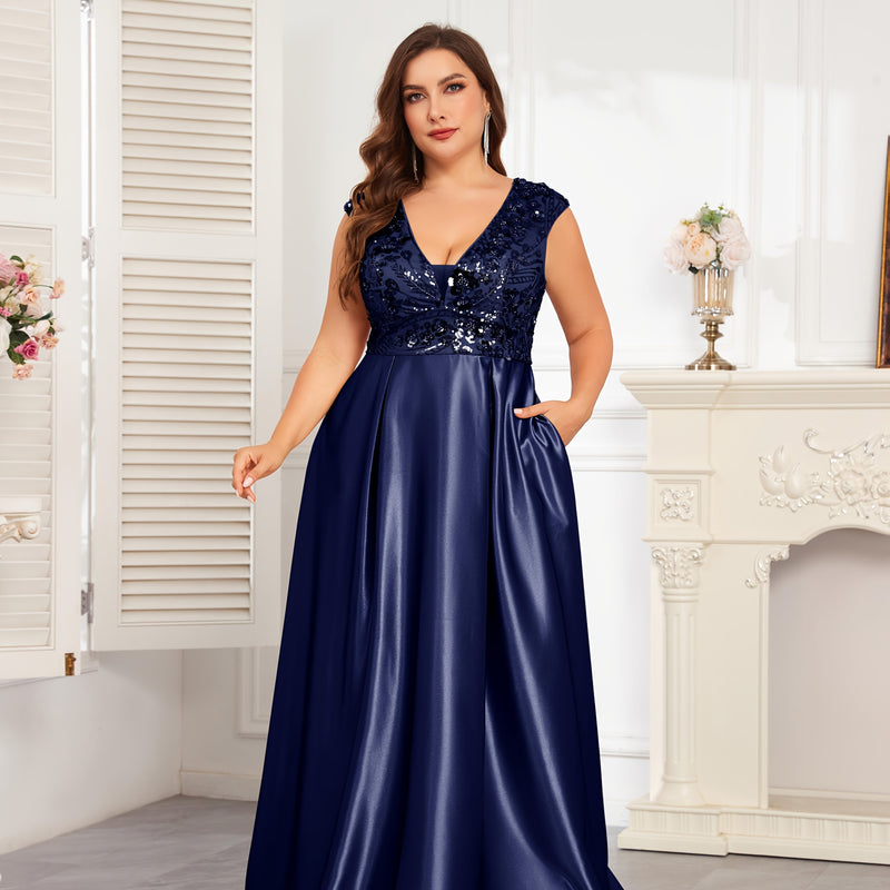 Plus Size Navy Blue Sequin Gown | Sleeveless V-Neck Formal Dress with Flared Hem - Women's Wedding & Event Gown