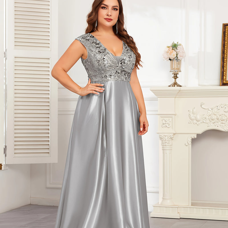 Plus Size Navy Blue Sequin Gown | Sleeveless V-Neck Formal Dress with Flared Hem - Women's Wedding & Event Gown