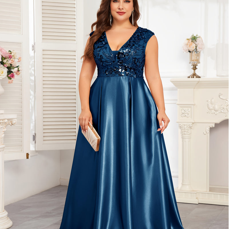 Plus Size Navy Blue Sequin Gown | Sleeveless V-Neck Formal Dress with Flared Hem - Women's Wedding & Event Gown