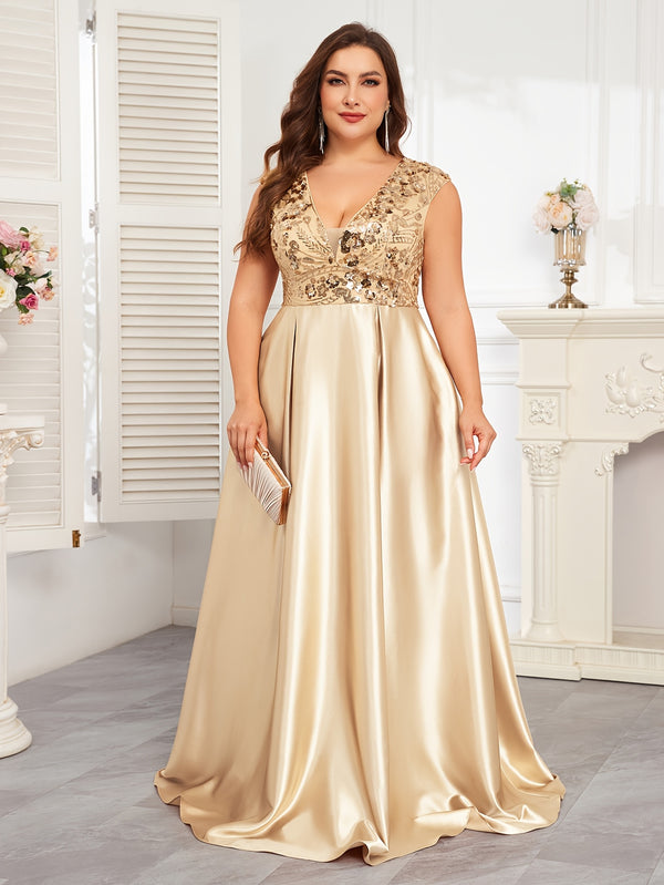 Plus Size Navy Blue Sequin Gown | Sleeveless V-Neck Formal Dress with Flared Hem - Women's Wedding & Event Gown
