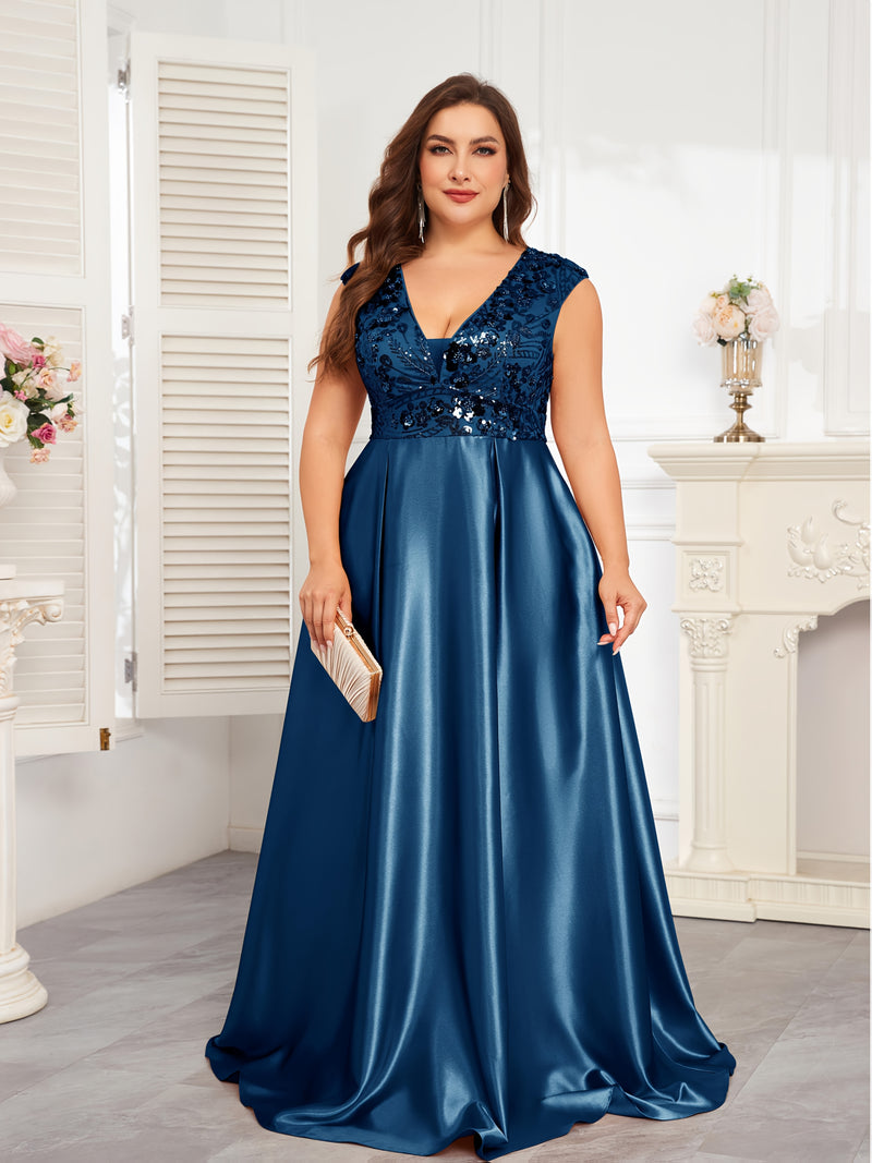 Plus Size Navy Blue Sequin Gown | Sleeveless V-Neck Formal Dress with Flared Hem - Women's Wedding & Event Gown