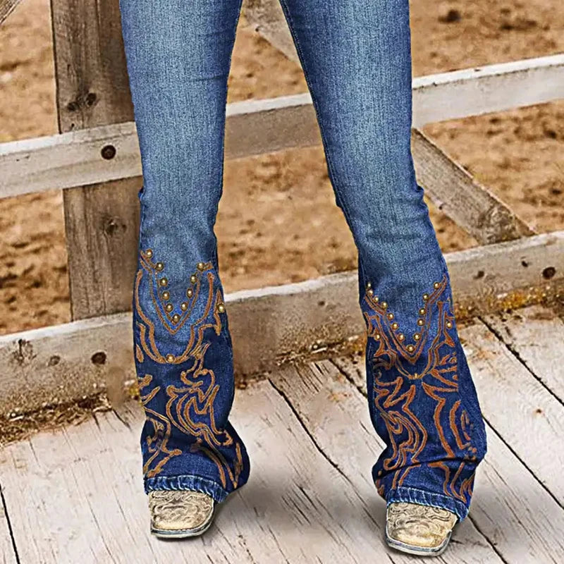 Women's Distressed Cowgirl Bootcut Jeans | High-Waisted Vintage Denim | Gold Stud Embroidery & Western Detailing