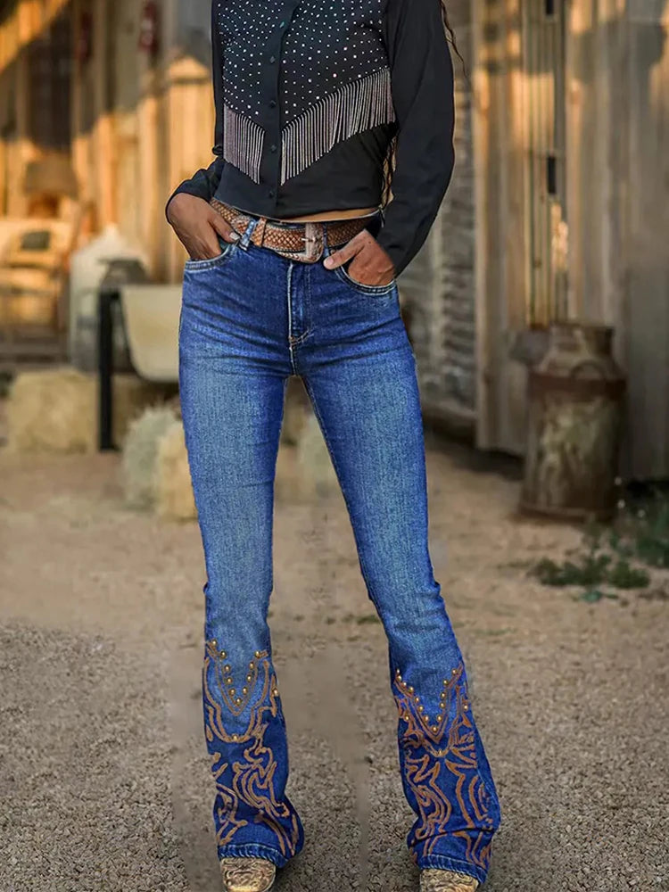 Women's Distressed Cowgirl Bootcut Jeans | High-Waisted Vintage Denim | Gold Stud Embroidery & Western Detailing