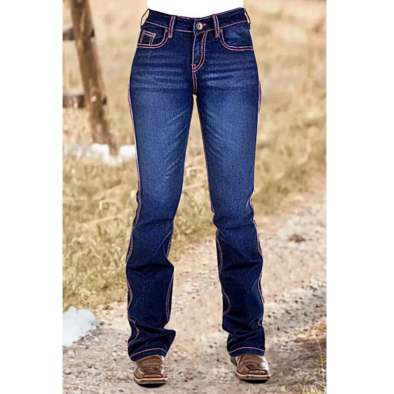 Women's Cowgirl Bootcut Jeans | High-Stretch Vintage Denim | Embroidered Western Trousers with Contrast Stitching