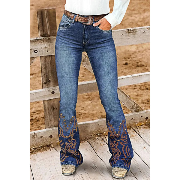 Women's Distressed Cowgirl Bootcut Jeans | High-Waisted Vintage Denim | Gold Stud Embroidery & Western Detailing