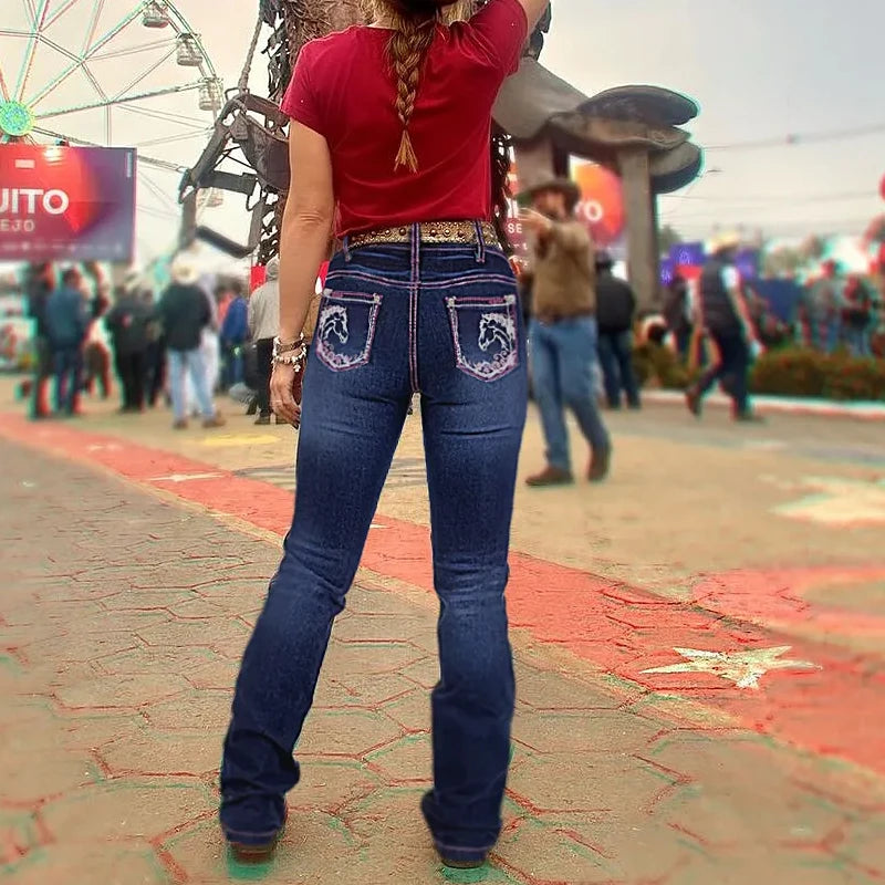Women's Cowgirl Bootcut Jeans | High-Stretch Vintage Denim | Embroidered Western Trousers with Contrast Stitching