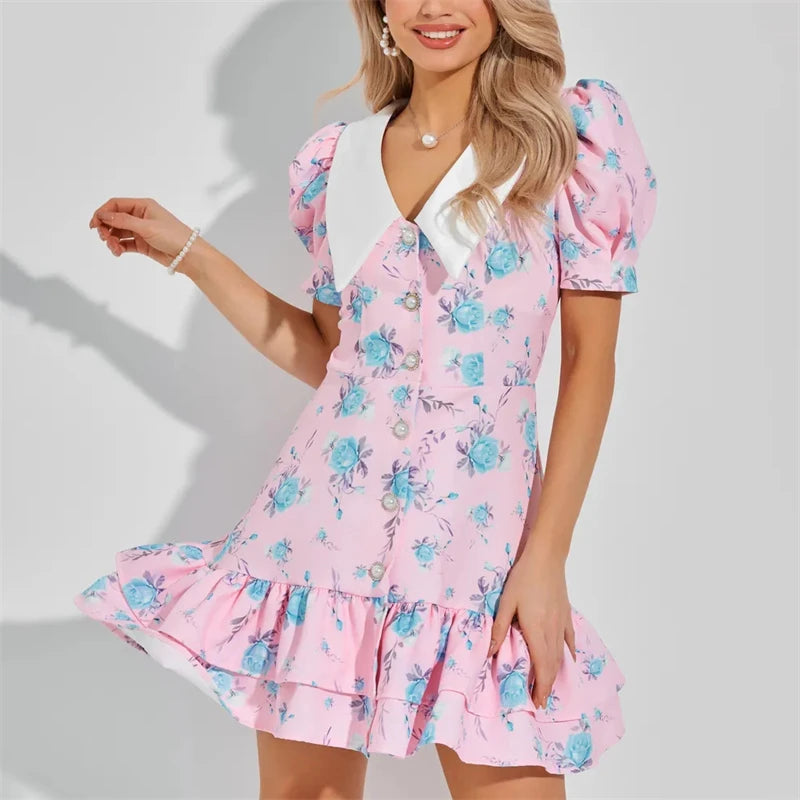 Puff Sleeve Mini Dress | Floral Print V-Neck Dress with Pearl Buttons - Women's Ruffled Vacation Dress