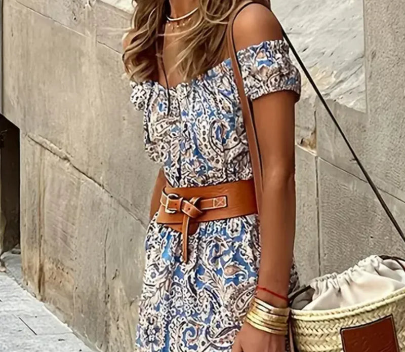 Off-Shoulder Floral Paisley Dress | Retro Pleated Knee-Length Dress with Lantern Sleeves & Belt - Boho Spring Summer