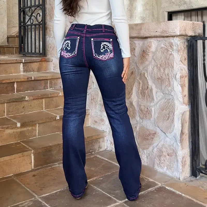 Women's Cowgirl Bootcut Jeans | High-Stretch Vintage Denim | Embroidered Western Trousers with Contrast Stitching