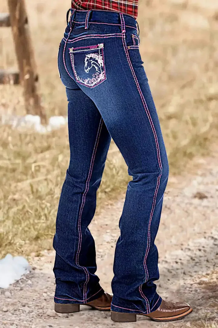 Women's Cowgirl Bootcut Jeans | High-Stretch Vintage Denim | Embroidered Western Trousers with Contrast Stitching