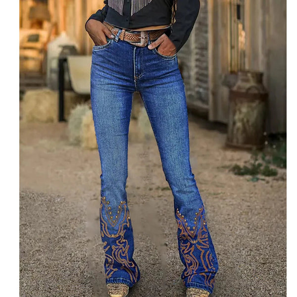 Women's Distressed Cowgirl Bootcut Jeans | High-Waisted Vintage Denim | Gold Stud Embroidery & Western Detailing