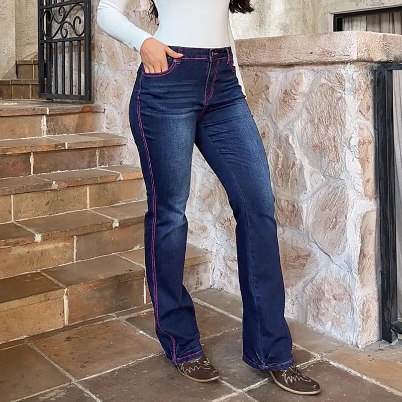 Women's Cowgirl Bootcut Jeans | High-Stretch Vintage Denim | Embroidered Western Trousers with Contrast Stitching