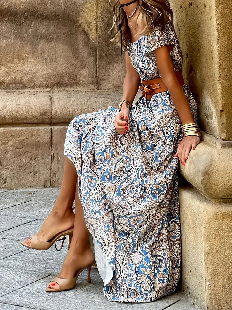Off-Shoulder Floral Paisley Dress | Retro Pleated Knee-Length Dress with Lantern Sleeves & Belt - Boho Spring Summer