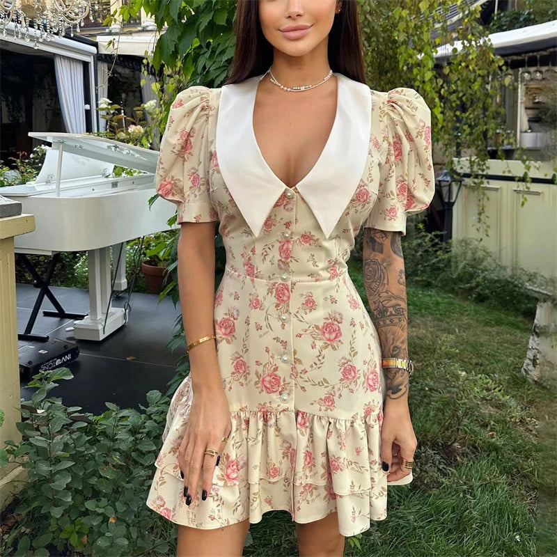 Puff Sleeve Mini Dress | Floral Print V-Neck Dress with Pearl Buttons - Women's Ruffled Vacation Dress