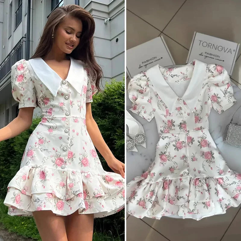 Puff Sleeve Mini Dress | Floral Print V-Neck Dress with Pearl Buttons - Women's Ruffled Vacation Dress