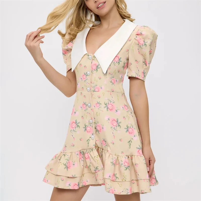 Puff Sleeve Mini Dress | Floral Print V-Neck Dress with Pearl Buttons - Women's Ruffled Vacation Dress