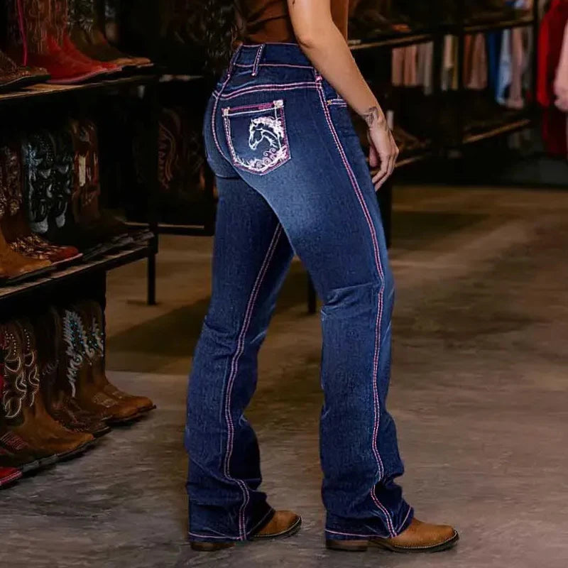 Women's Cowgirl Bootcut Jeans | High-Stretch Vintage Denim | Embroidered Western Trousers with Contrast Stitching