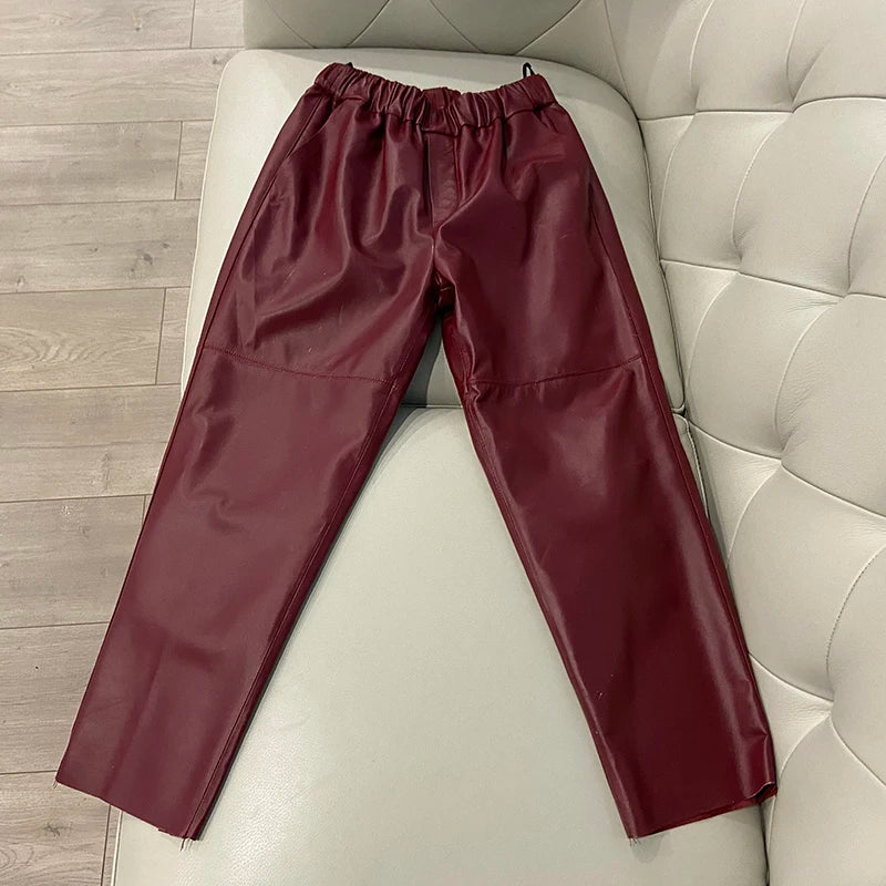 Women's Genuine Sheepskin Harem Pants | High Waist Leather Trousers | Elastic Waist Luxury Streetwear