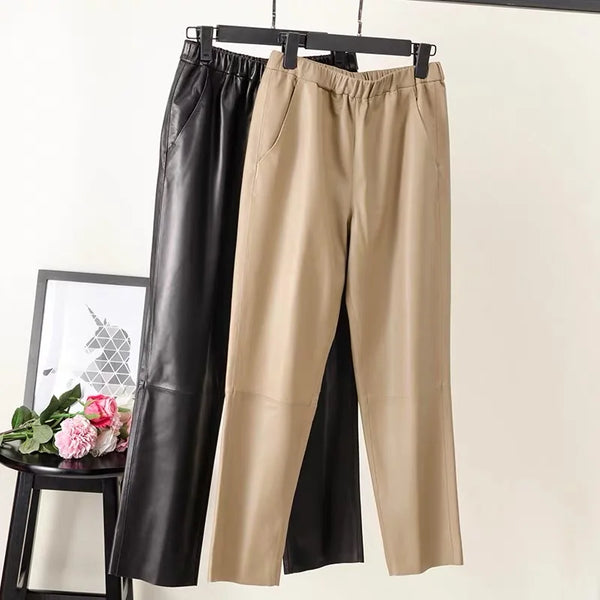 Women's Genuine Sheepskin Harem Pants | High Waist Leather Trousers | Elastic Waist Luxury Streetwear
