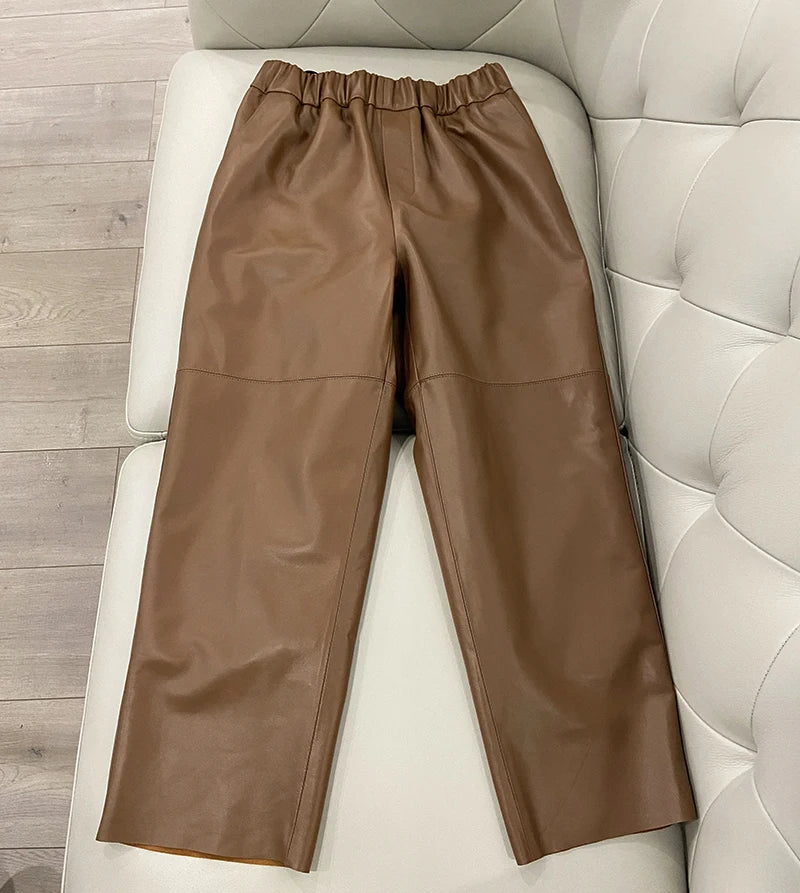 Women's Genuine Sheepskin Harem Pants | High Waist Leather Trousers | Elastic Waist Luxury Streetwear