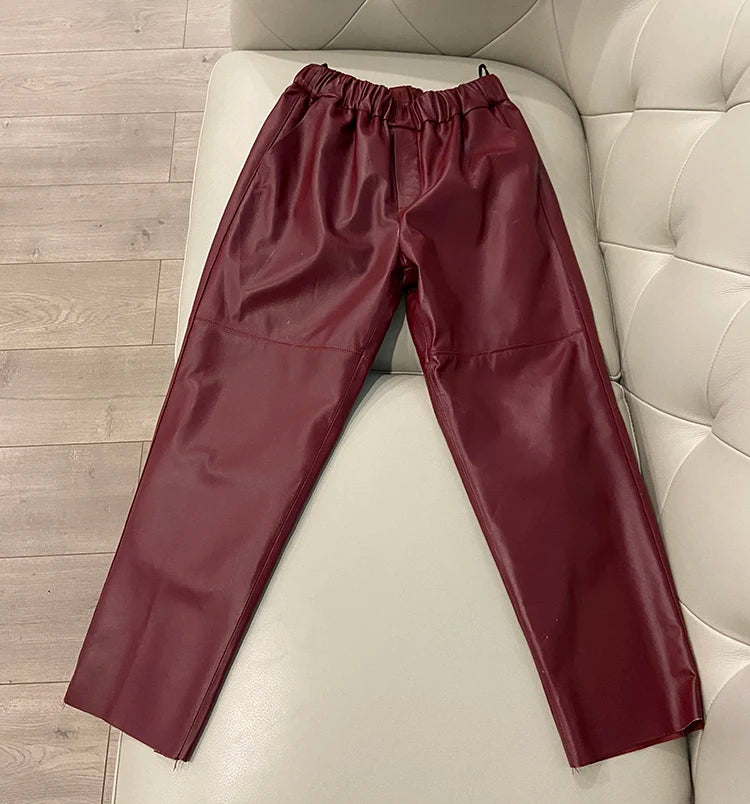 Women's Genuine Sheepskin Harem Pants | High Waist Leather Trousers | Elastic Waist Luxury Streetwear