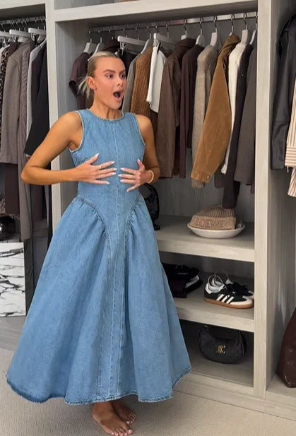 Backless Lace-Up Denim Maxi Dress | Sleeveless A-Line Summer Dress with Adjustable Corset Detail - High Street Fashion