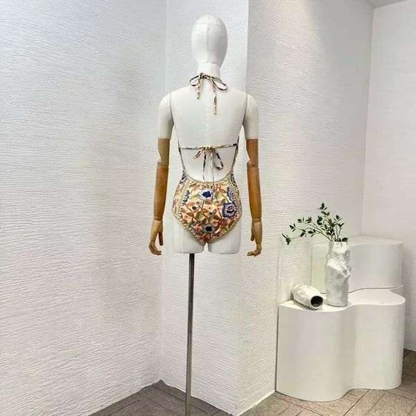 Floral Print Sleeveless Lace-Up Bodysuit – Stretchable Self-Tie Back One-Piece Swimsuit for Women 2025