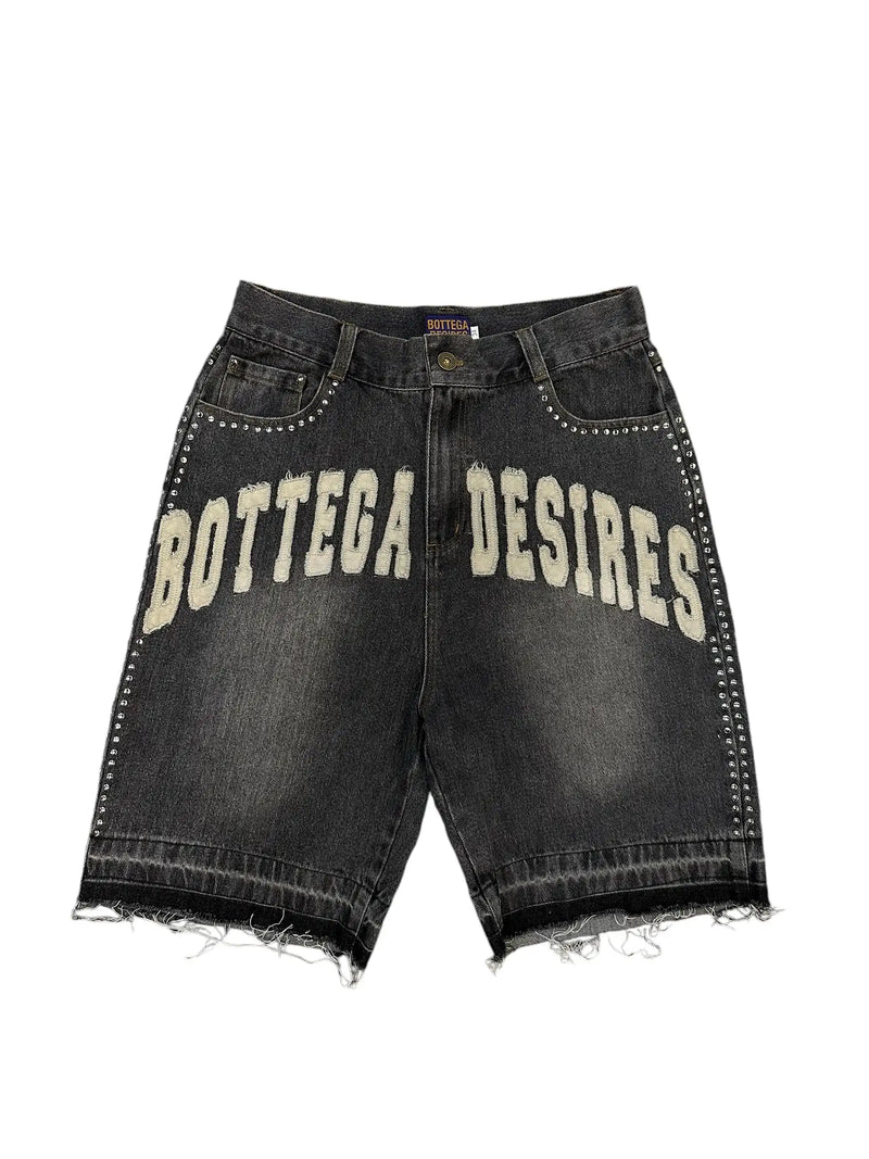 Bottega Desire Wide-Leg Denim Shorts: Distressed Embroidery | Unisex Hip-Hop Streetwear | High Waist Loose Fit Jeans