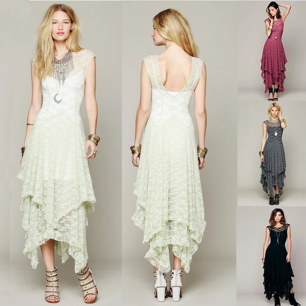 Vintage Lace Maxi Dress | Floral Embroidery Boho Dress with Backless Design & Empire Waist - Women's Summer Party Dress