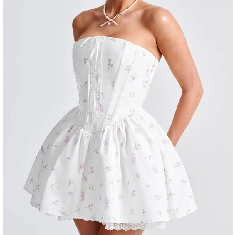 Floral Strapless Mini Dress | Lace Trim Bandage Back Dress - Women's Summer Party Dress for Birthdays & Events