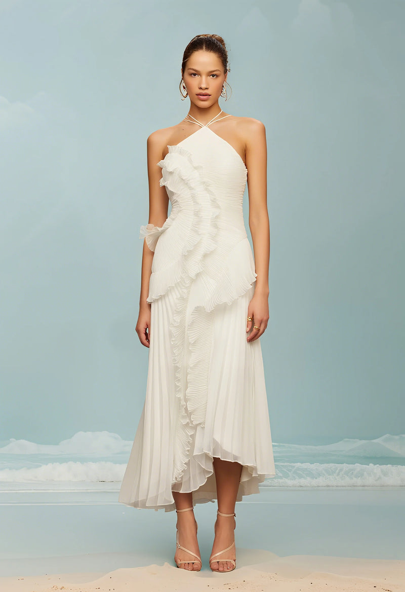 Backless Lace-Up Evening Gown | Elegant Ruffled Neckline A-Line Maxi Dress - Women's Formal Party & Vacation Dress