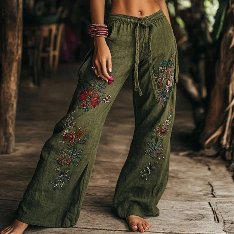 Women's Vintage Floral Print Wide Leg Pants - Bohemian Elastic Waist Palazzo Trousers for Beach, Holiday & Casual Wear
