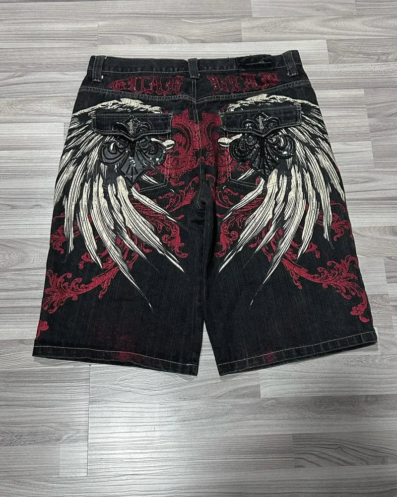 Bottega Desire Wide-Leg Denim Shorts: Distressed Embroidery | Unisex Hip-Hop Streetwear | High Waist Loose Fit Jeans