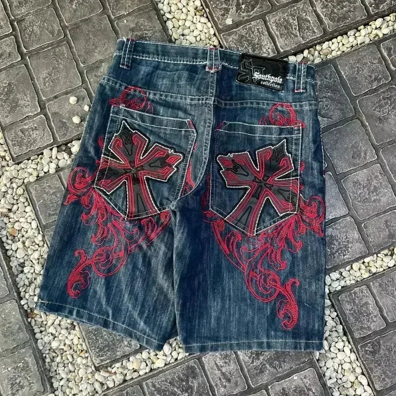Bottega Desire Wide-Leg Denim Shorts: Distressed Embroidery | Unisex Hip-Hop Streetwear | High Waist Loose Fit Jeans