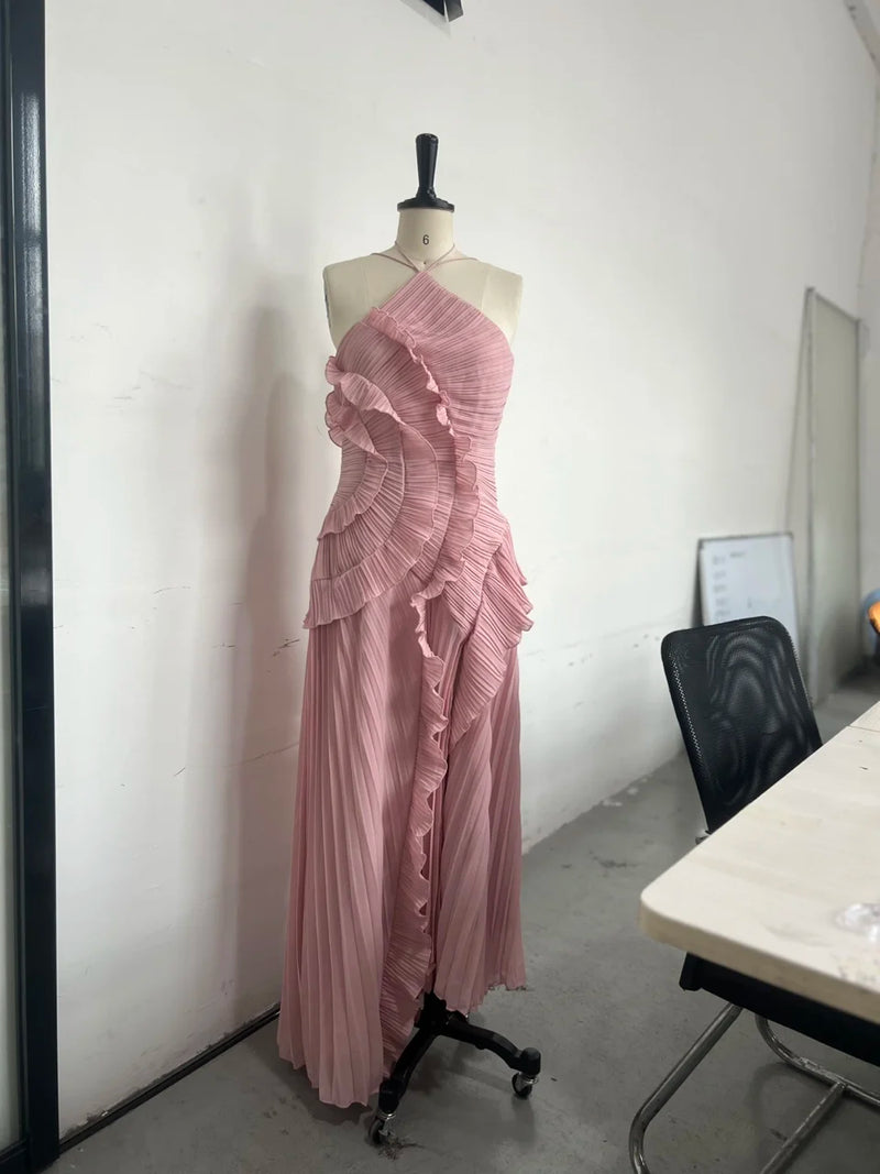 Backless Lace-Up Evening Gown | Elegant Ruffled Neckline A-Line Maxi Dress - Women's Formal Party & Vacation Dress
