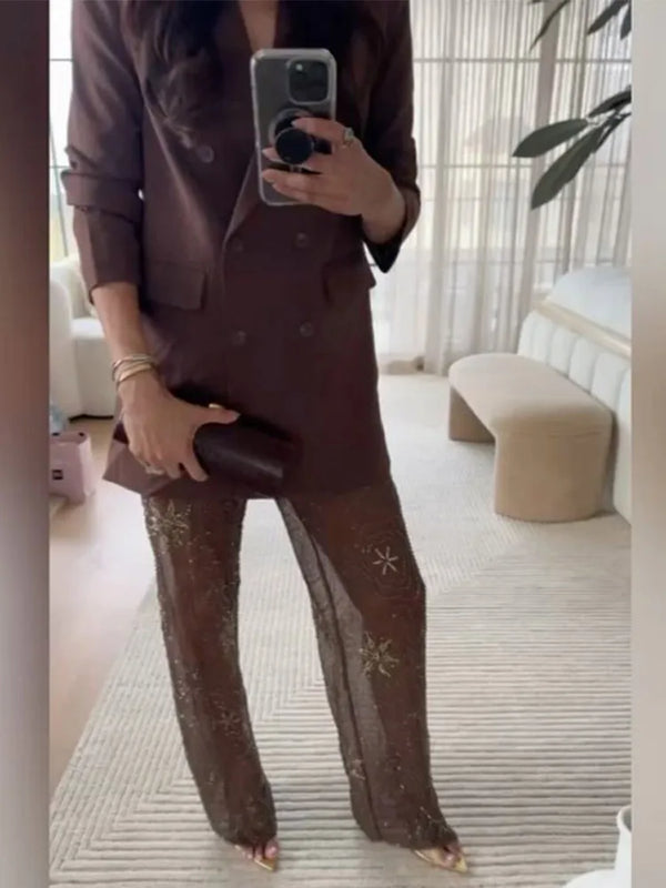 Women's Beaded Sequin Snowflake Pants | Sheer High-Waist Straight Leg Trousers for Summer Vacation Streetwear