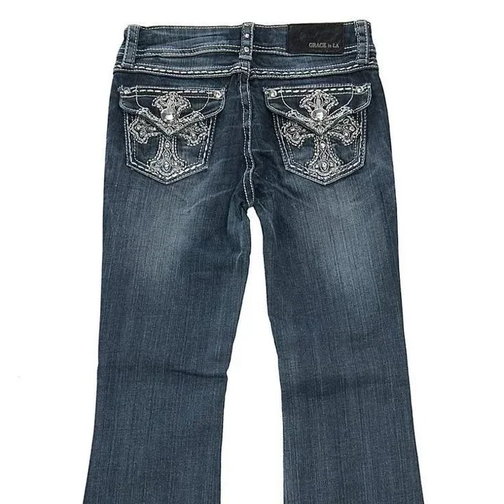 Embroidery Baggy Jeans | Women's Harajuku Streetwear | Vintage High-Street Hip Hop Trousers (Cotton-Poly Blend)