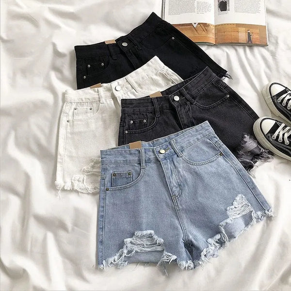Women's Distressed High-Waist Denim Shorts: Ripped Tassel Detail Streetwear Hot Pants