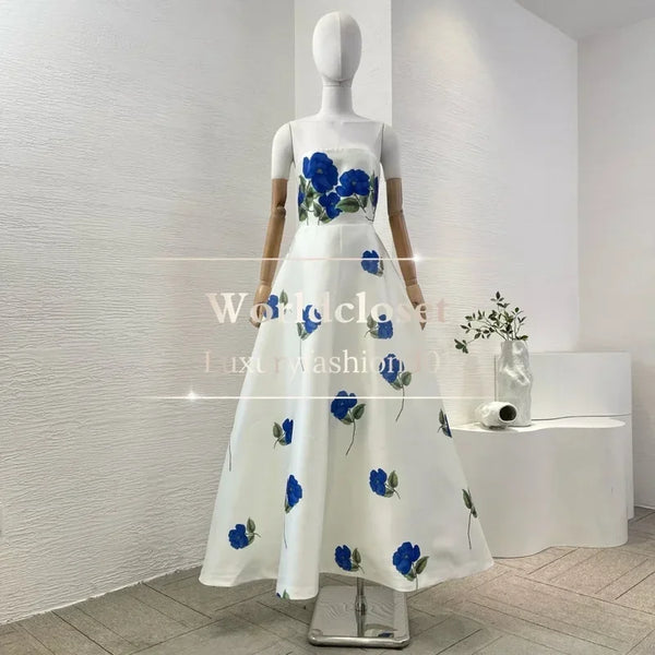 Luxury White & Blue Rose Ball Gown Maxi Dress | Strapless Vintage Floral Party Dress with Empire Waist - 2025 Collection