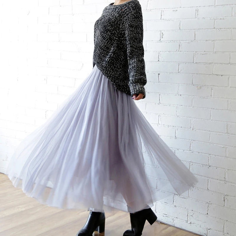 Korean A-Line Tulle Skirt | Empire Waist Mid-Calf Mesh Skirt | Vintage Pleated Streetwear