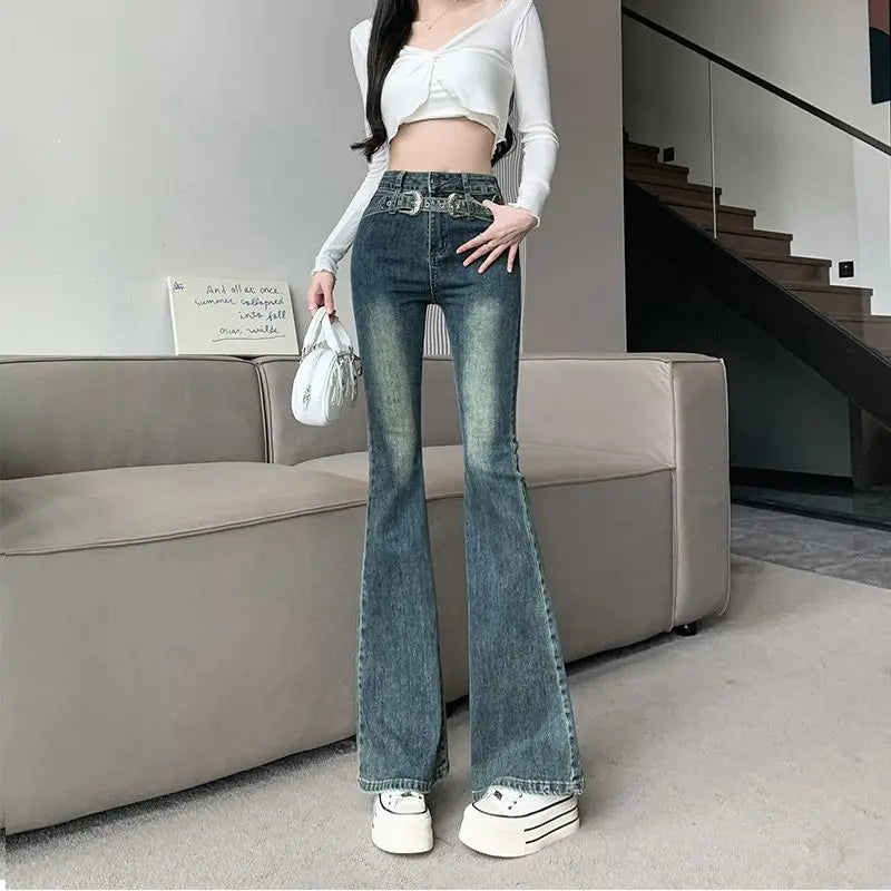 Women's Korean-Style Cowboy Flare Jeans | High-Waisted Fitted Retro Trousers | Distressed Vintage Denim