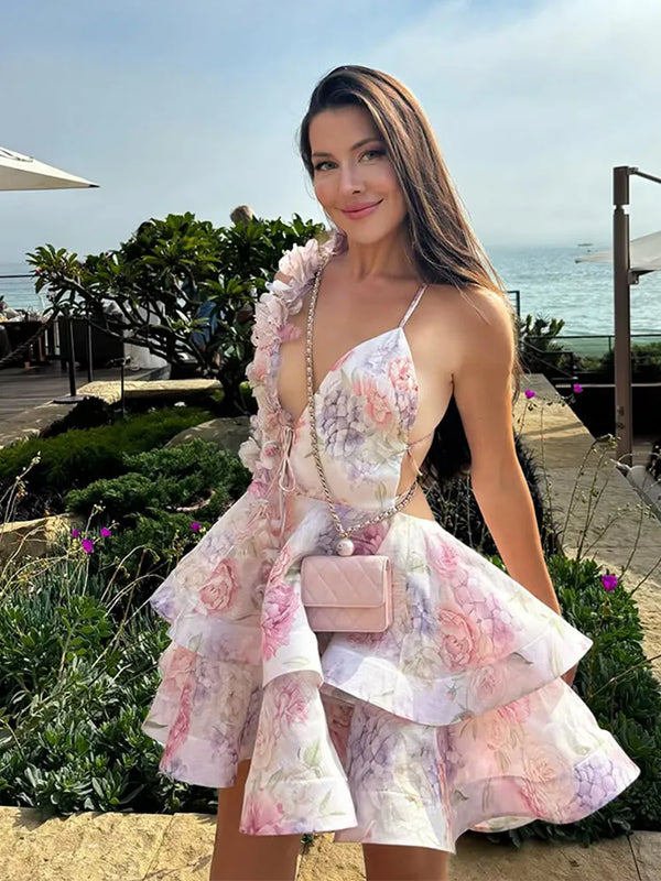 Women's 3D Floral Mini Dress - Imperial Waist A-Line w/ Puff Shoulders & V-Neck | Spring 2025 Beach-to-Evening