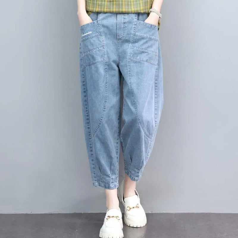 Women's Summer Wide-Leg Cropped Pants | Mid-Rise Elastic Waist | Embroidery Detail | Athletic Harem Style (Polyester Blend)