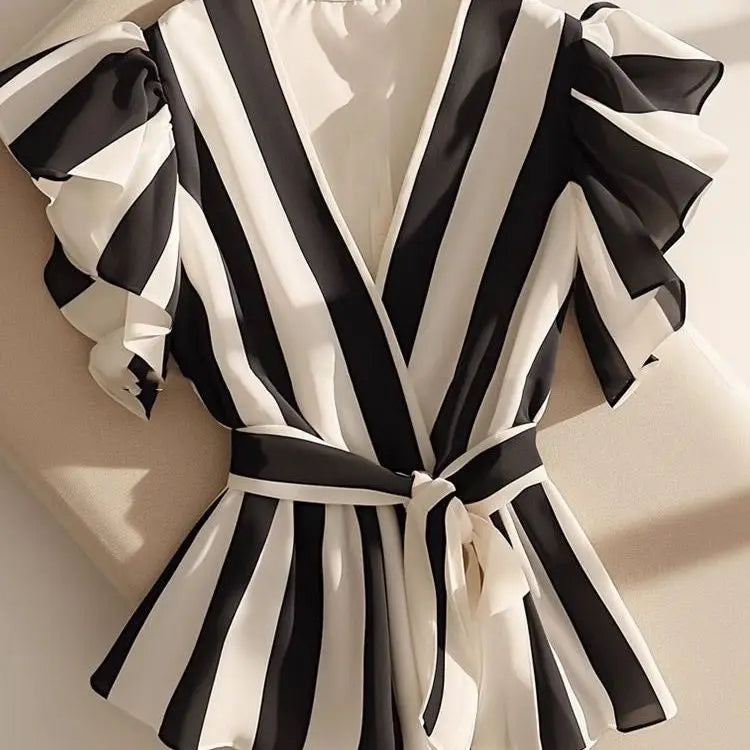 Women’s 2024 Summer Korean-Style V-Neck Striped Blouse – Short Sleeve Trendy Tops