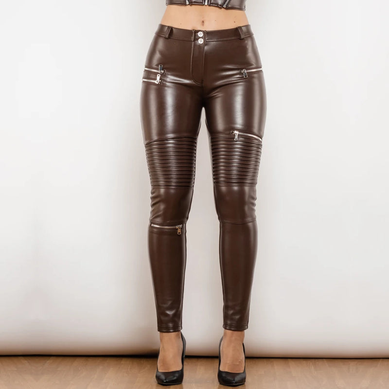 Women's Motorcycle Faux Leather Pants - Mid Waist Skinny Ankle-Length with Multi-Zipper Detail | Sexy Streetwear