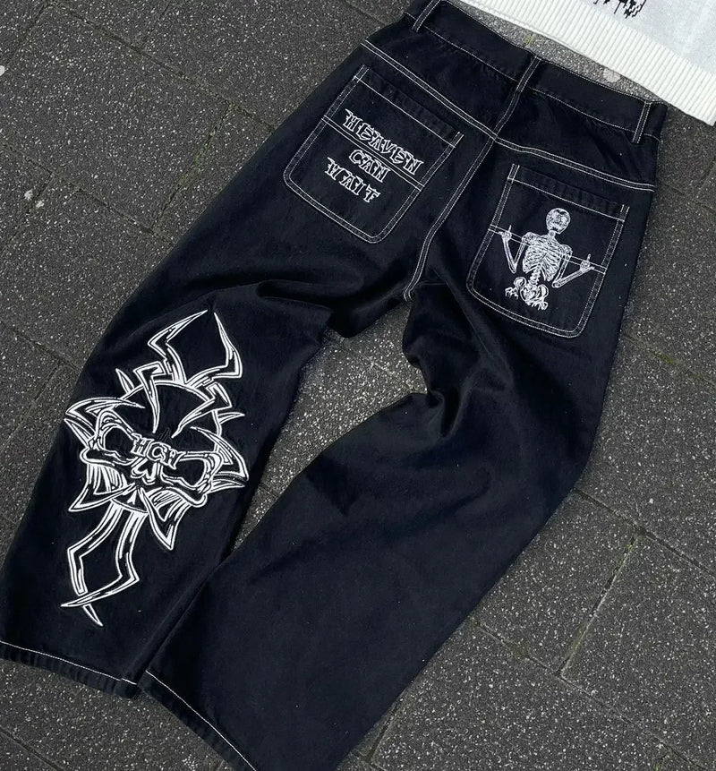 Dragon Embroidered Wide-Leg Jeans | Women's Harajuku Streetwear | High-Waisted Hip-Hop Pants