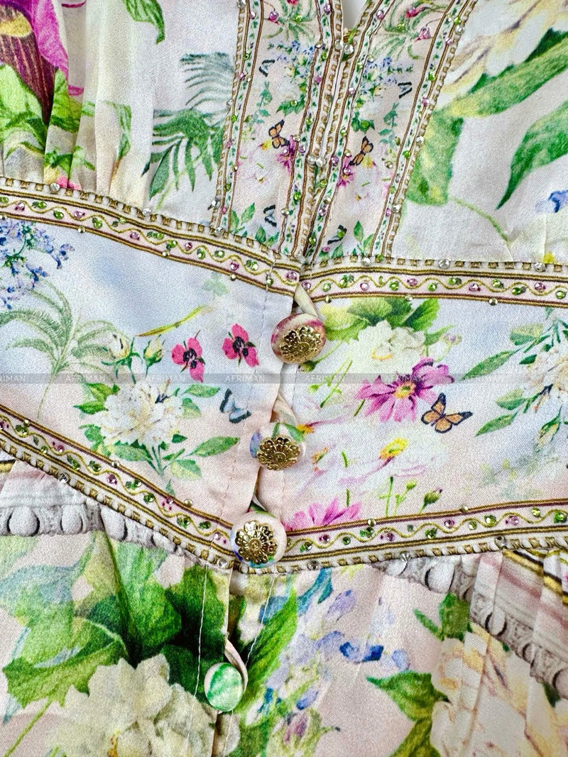 Women's Silk Mini Dress | Vintage V-Neck with Crystal Beads & Floral Print