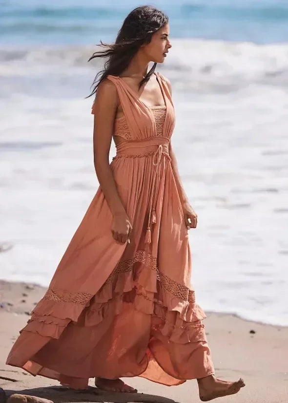 Boho Cotton Maxi Dress | Lace Trim Beach Cover Up - Women's Sleeveless Sundress with Elastic Waist & Ruffled Hem