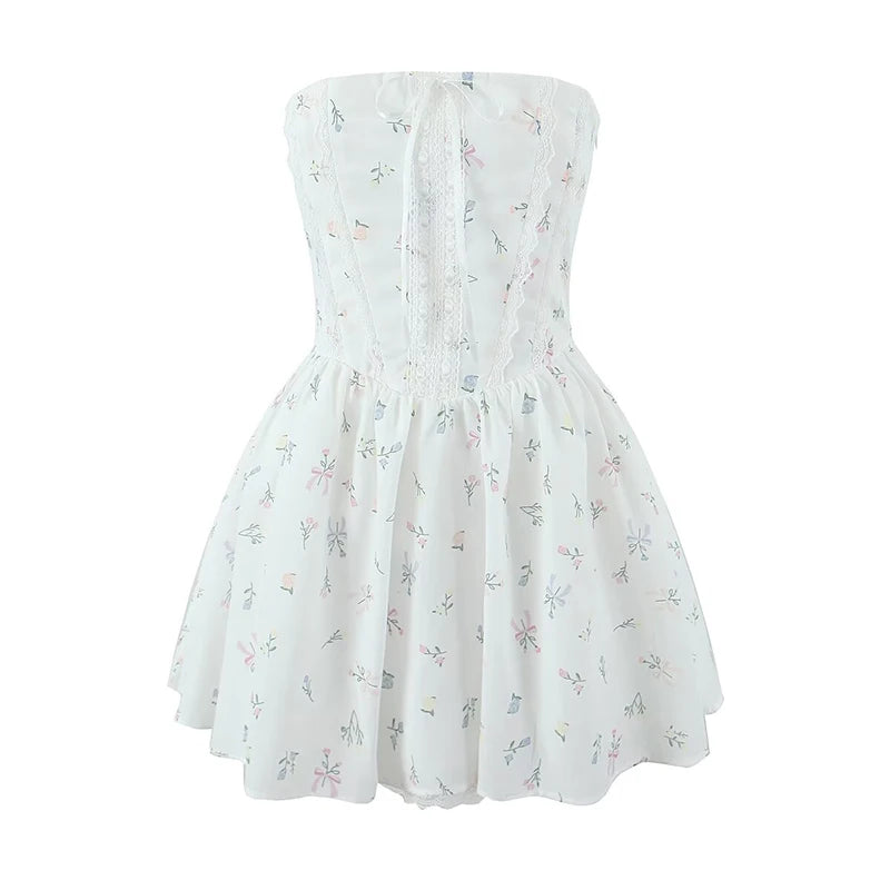 Floral Strapless Mini Dress | Lace Trim Bandage Back Dress - Women's Summer Party Dress for Birthdays & Events