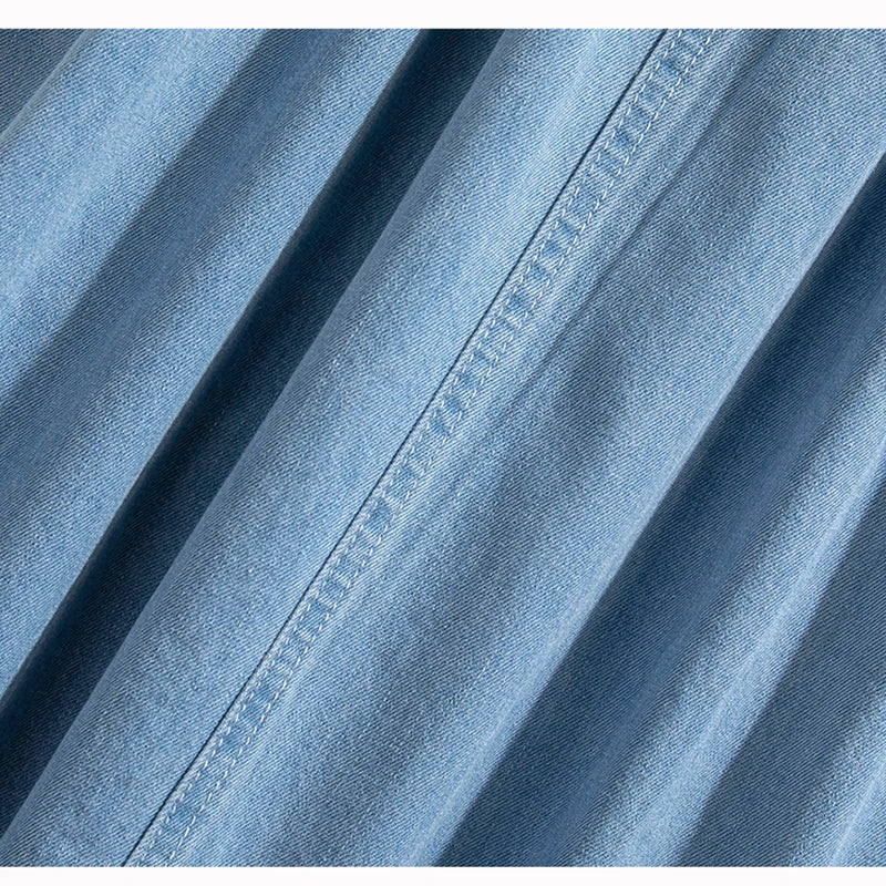 Plus Size Korean Denim Skirt | 2025 Empire Waist A-Line | Adjustable Length Pleated Maxi Skirt